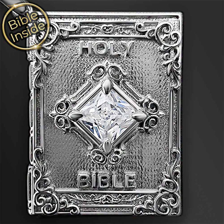 White gold religious necklace with miniature Bible pendant 