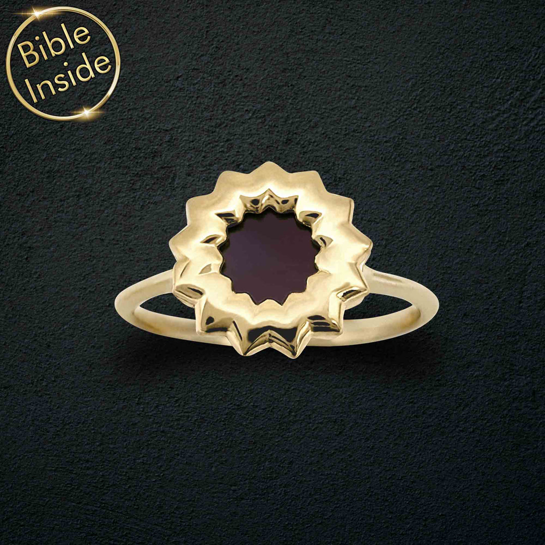 Silver gold plated religious ring for women featuring Flower of Love and micro Bible inside