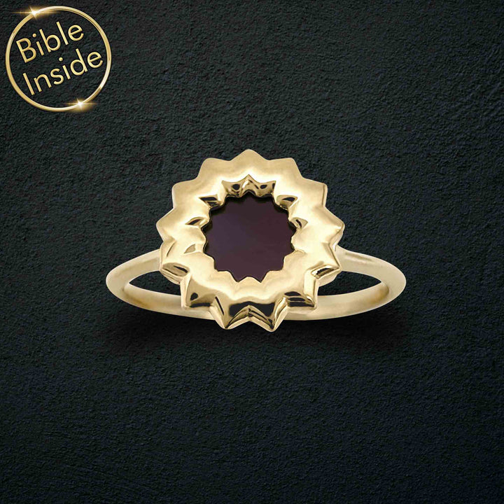 Silver gold plated religious ring for women featuring Flower of Love and micro Bible inside