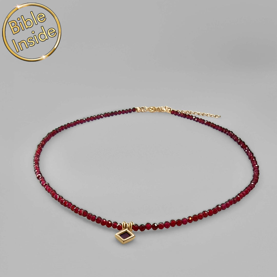 Jewelry for her with hidden scripture - rhombus pendant with garnet accent