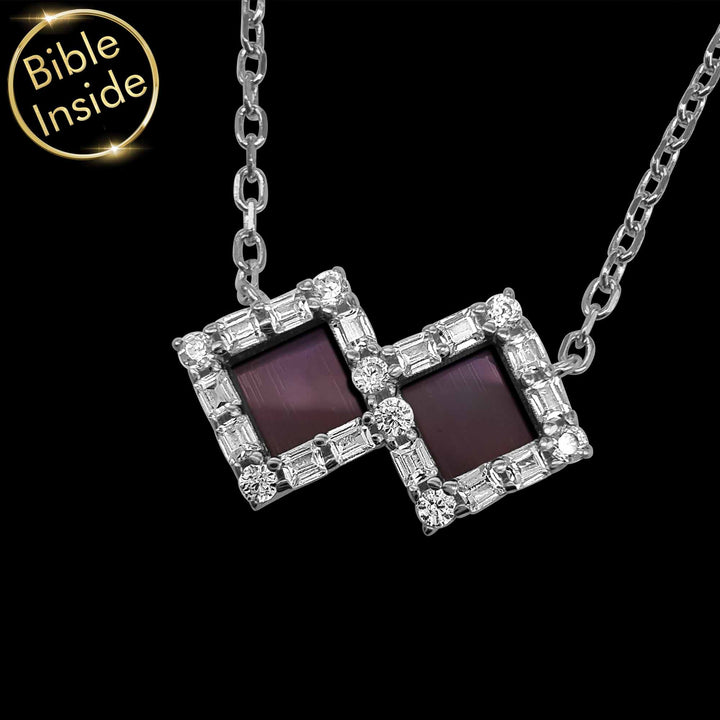 Religious Necklace featuring microscopic scripture chips in square setting