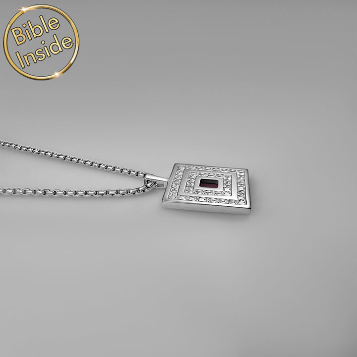 Men religious necklace with polished pendant and Bible engraving inside