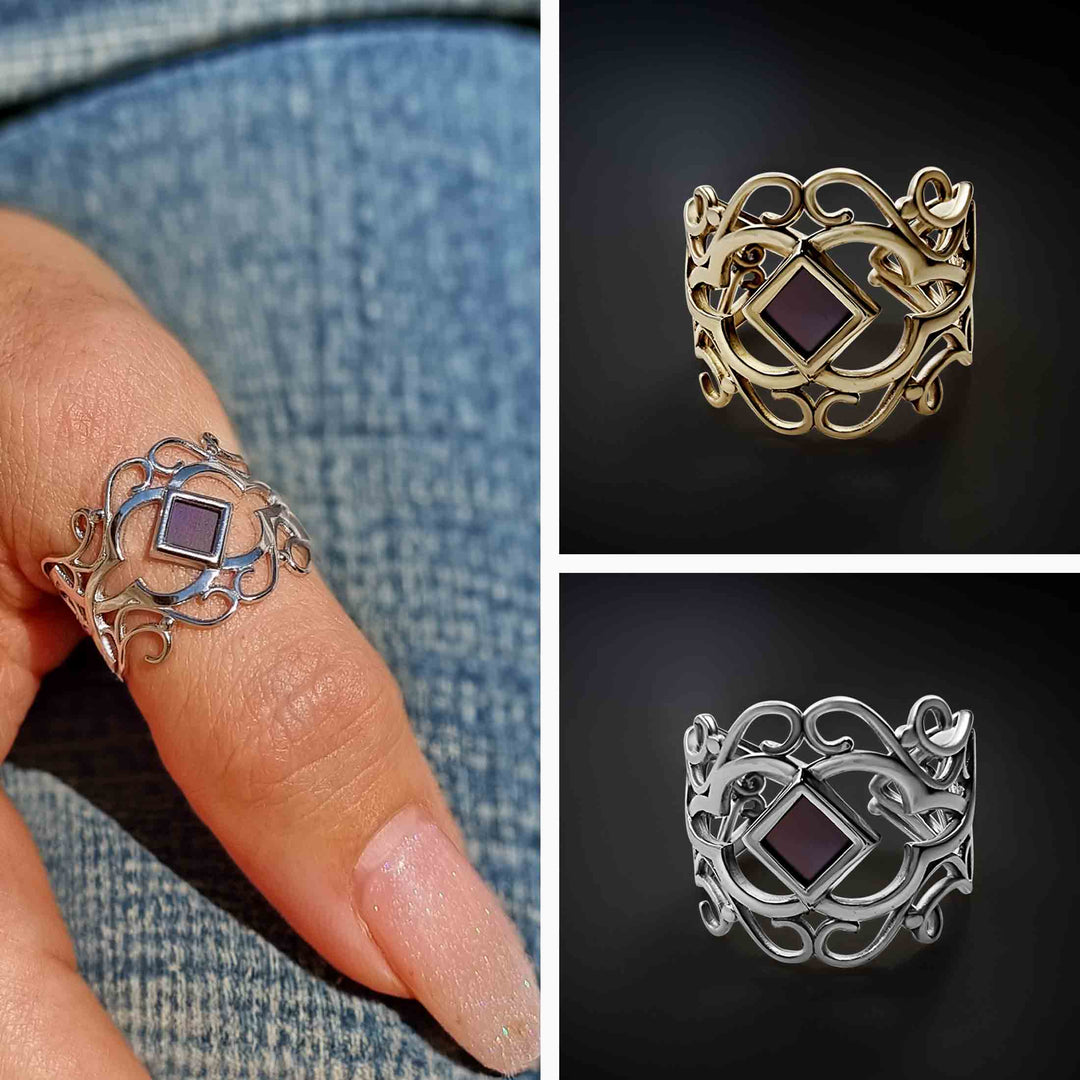 Religious ring for women, blooming Christian design with microchip Bible
