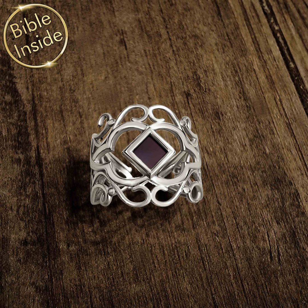 Christian religious ring for women, lily silhouette with miniature Bible engraved inside