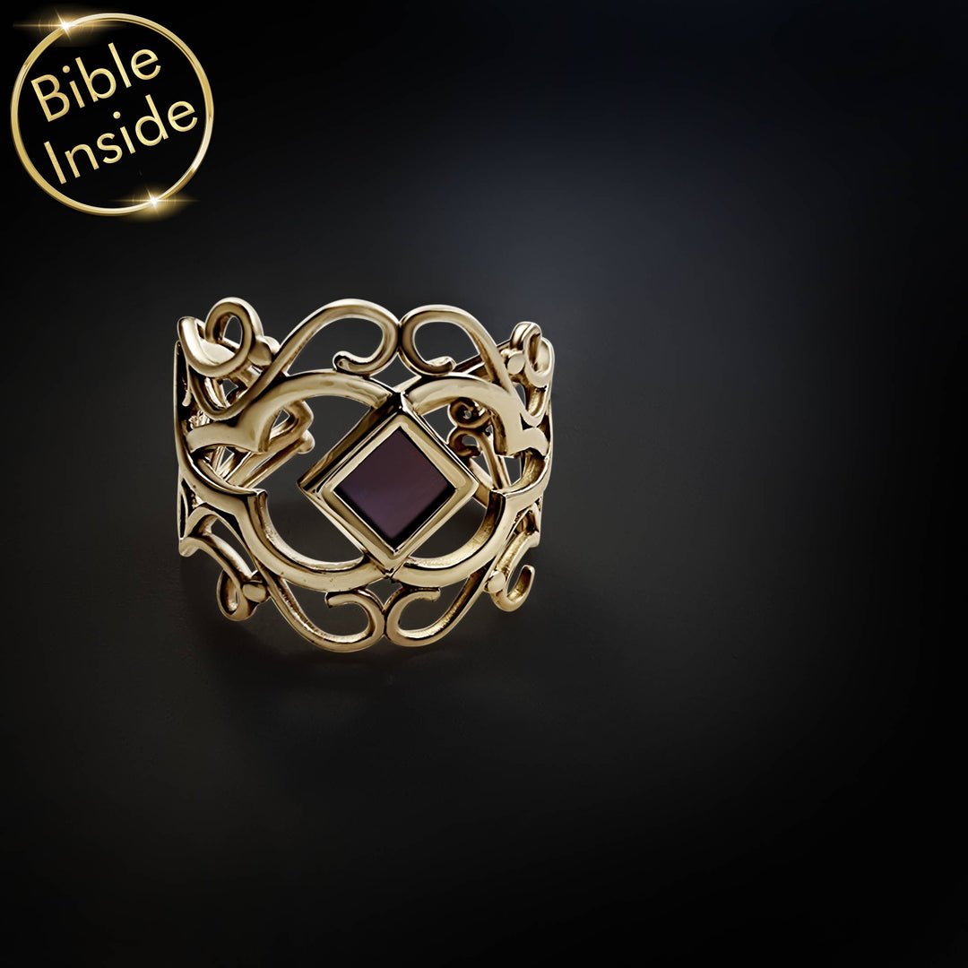 Silver gold plated religious ring for women, blooming Christian design with a microchip Bible