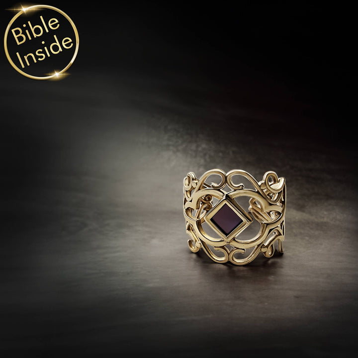 Yellow gold religious ring for women, delicate floral band with miniature Bible