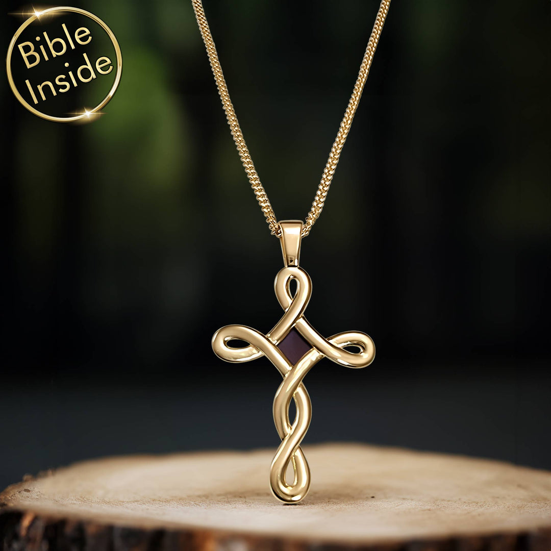 Gold cross pendant necklace featuring scripture inside for women