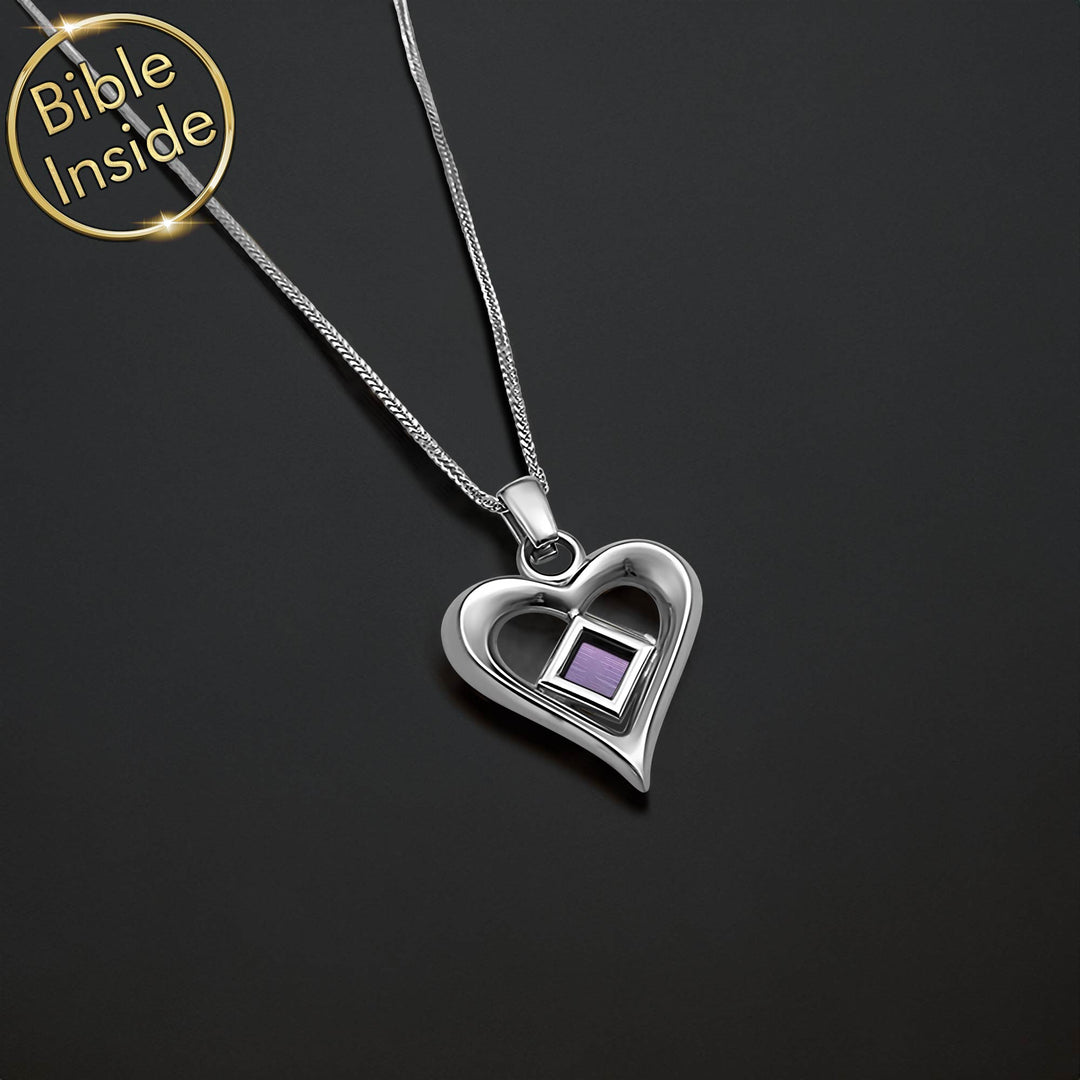 Scripture pendant featuring heart charm and miniature Bible chip