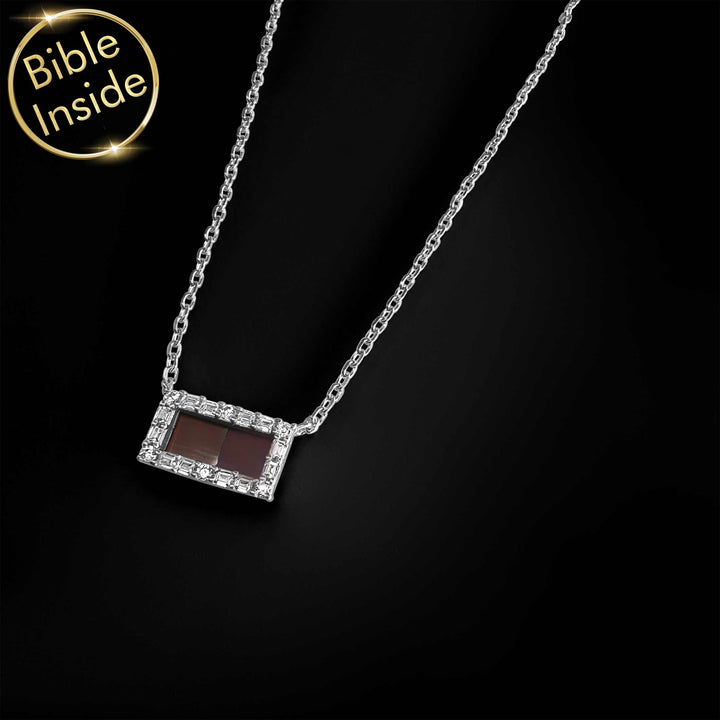 Scripture necklace with rectangular charm holding entire Bible text