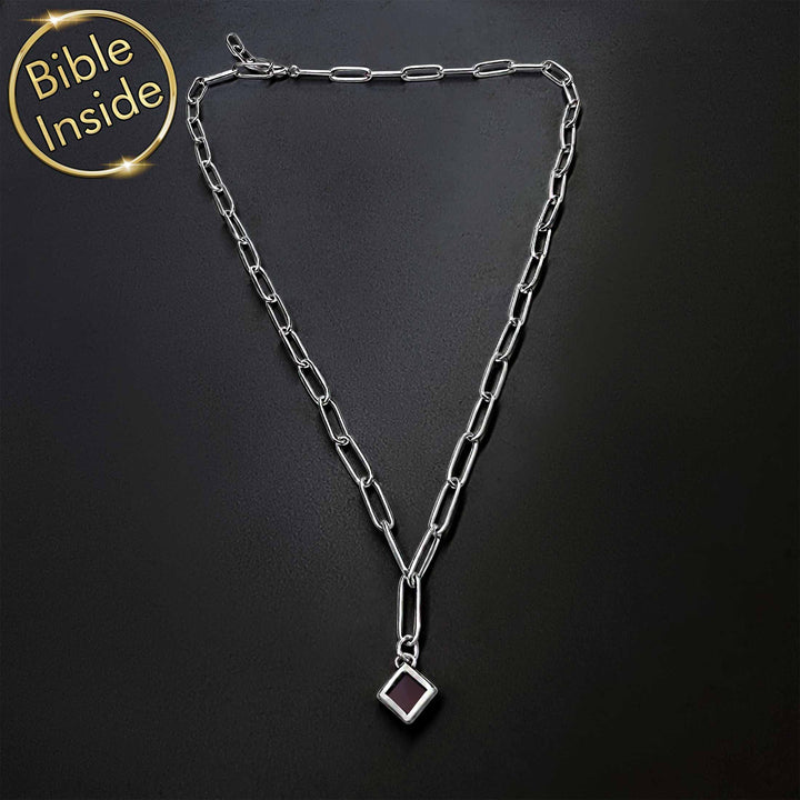 Silver scripture necklace with rhombus and micro Bible