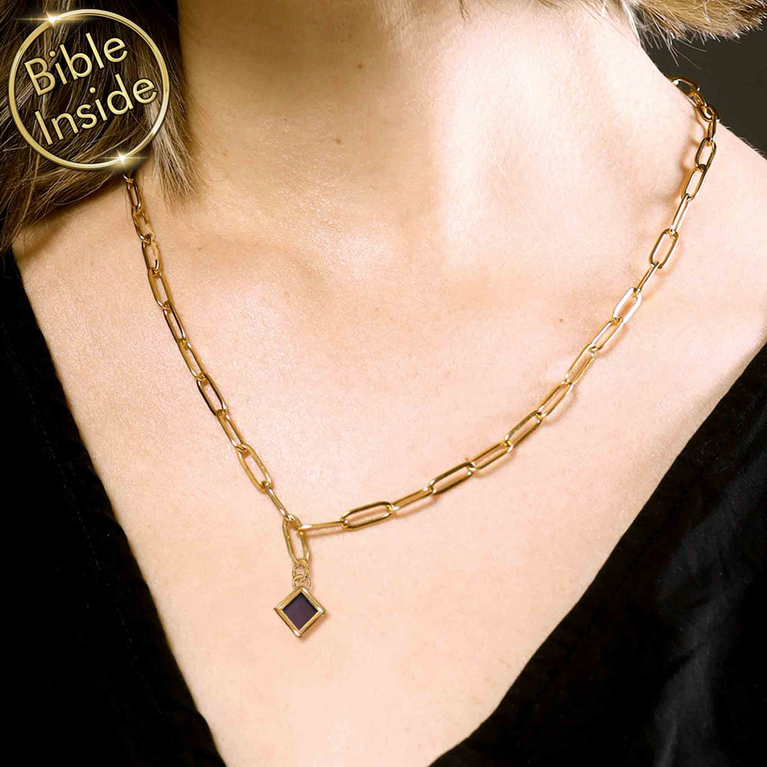 Gold necklace with scripture and New Testament microchip Bible