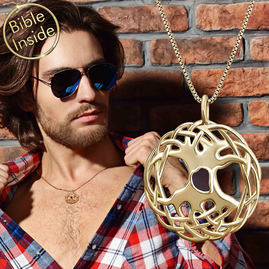 Men scripture pendant featuring tree of life design