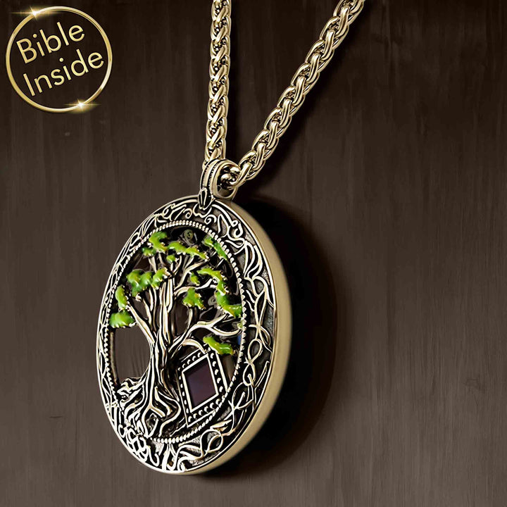 Scripture necklaces with micro Bible technology and eternal tree design