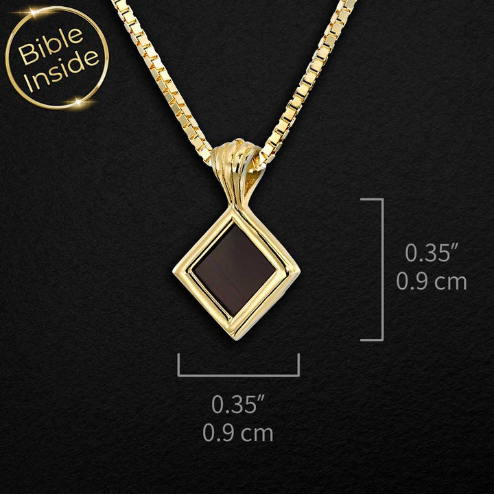 Gold scripture necklace with geometric rhombus design