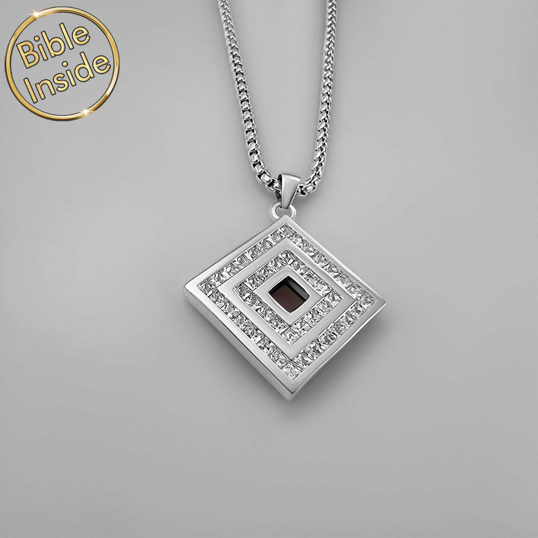 Scripture necklace with geometric pendant and nano Bible