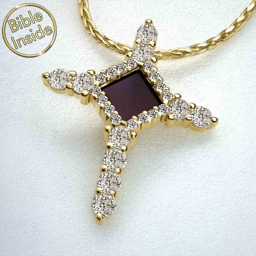 Cross pendant with Bible scripture chip, eco-friendly jewelry