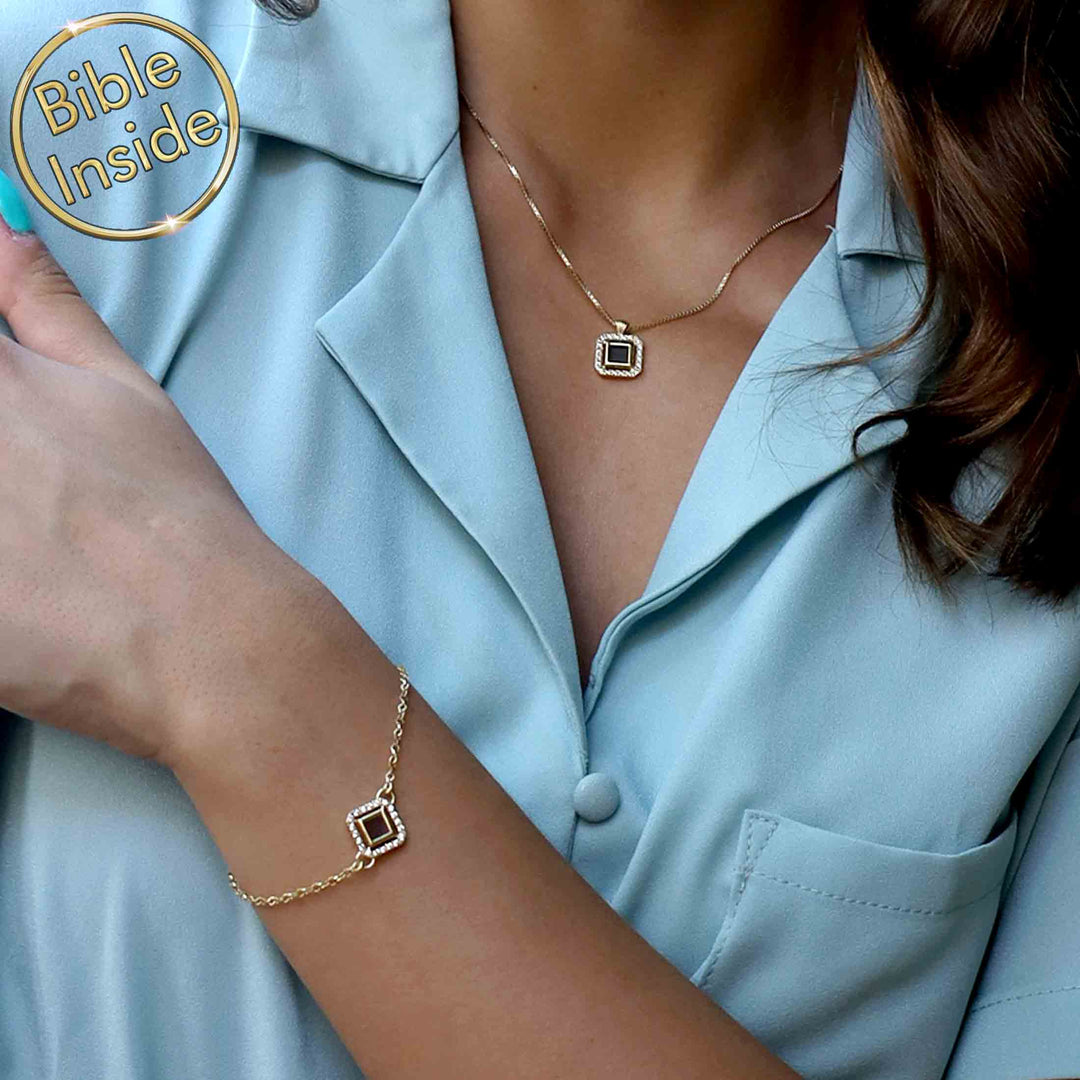 Minimalist square scripture necklace with diamonds for Christian women