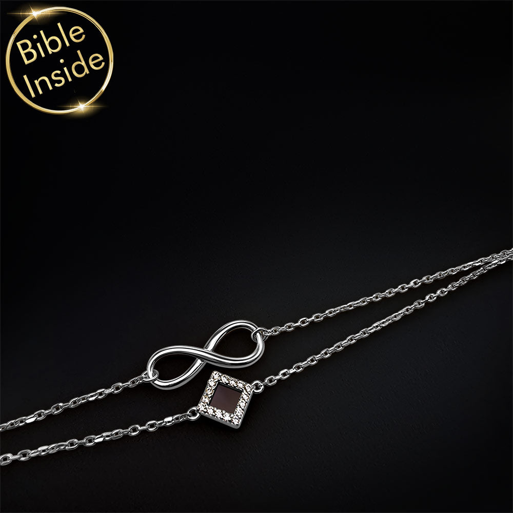 Timeless Christian jewelry bracelet with nano Bible — silver infinity