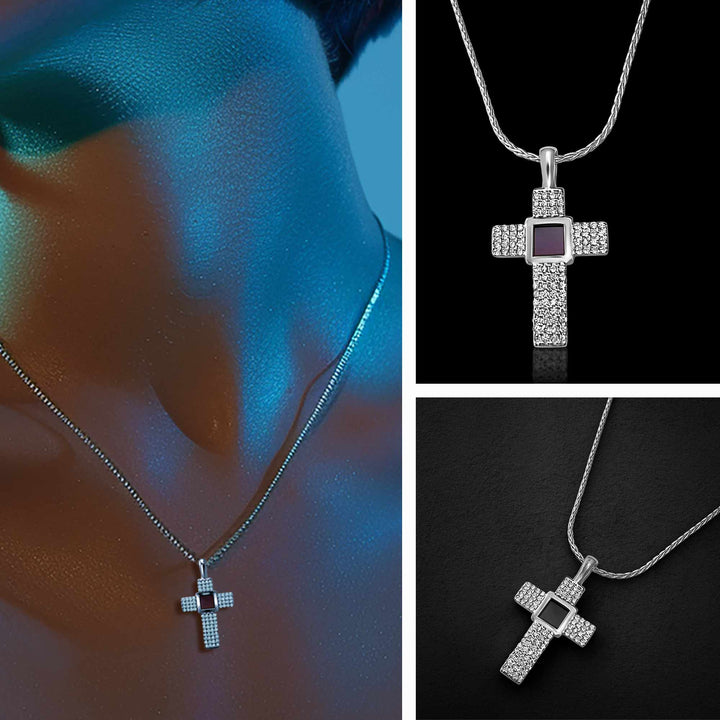 Silver cross jewelry necklace with hidden Nano Bible chip inside