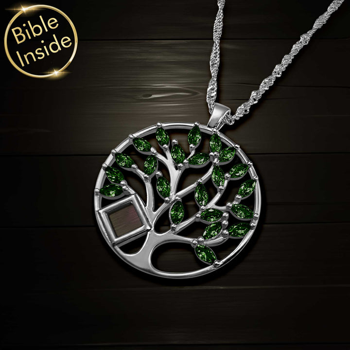Elegant silver necklace tree of life design with Biblical scripture – perfect for special occasions