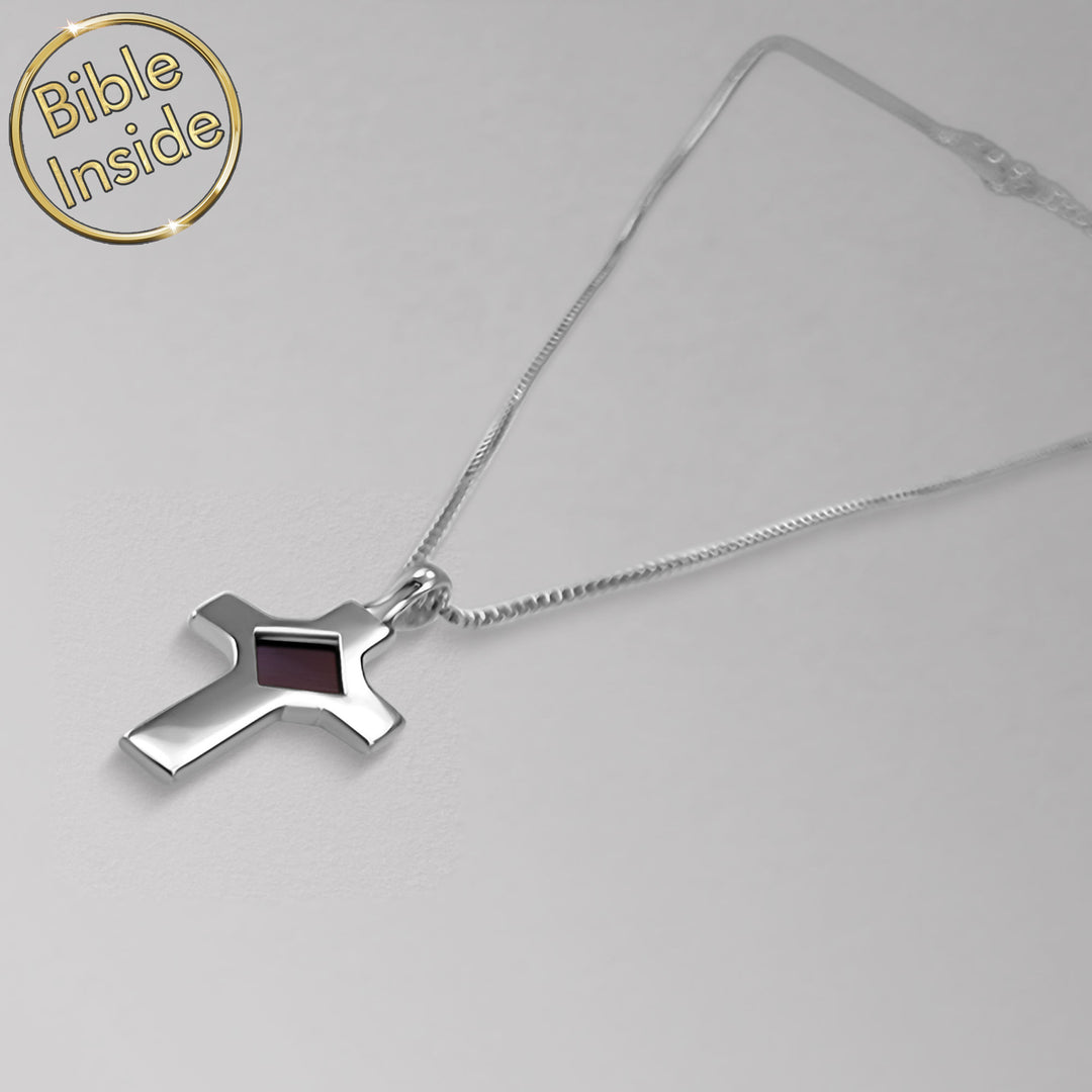 Women's silver cross necklace with hidden New Testament chip