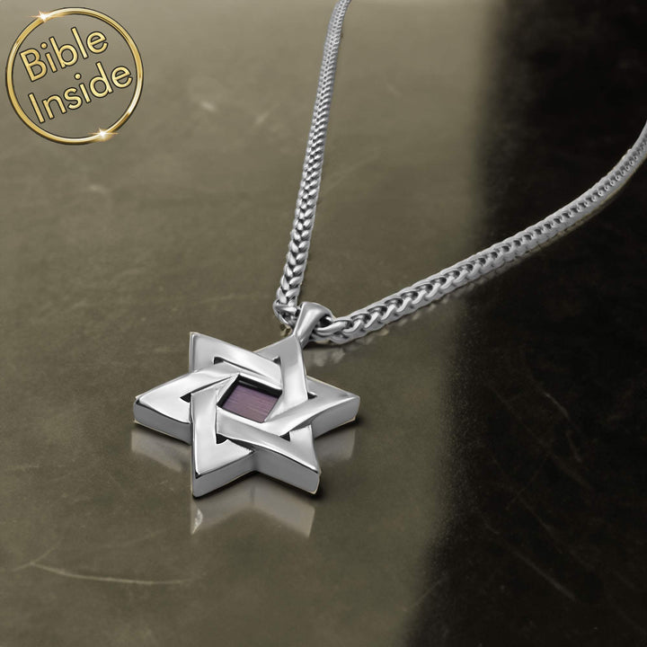 Minimalist pocket Bible necklace with Star of David in sterling silver