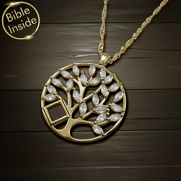 Pocket Bible necklace with tree of life design – 14k gold women's Christian gift