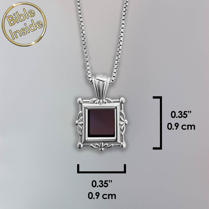 Silver pocket Bible necklace featuring nano New Testament chip