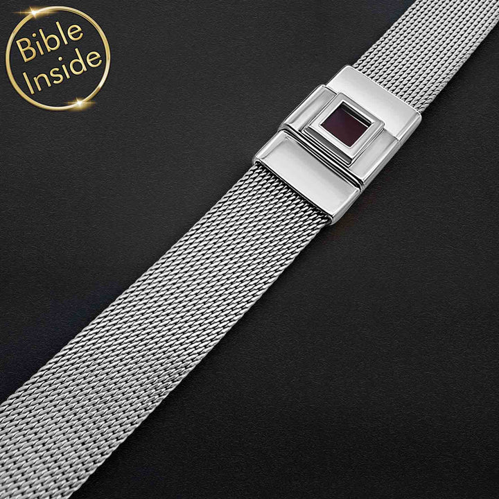 Christian men's nano Bible bracelet – complete New Testament in miniature chip