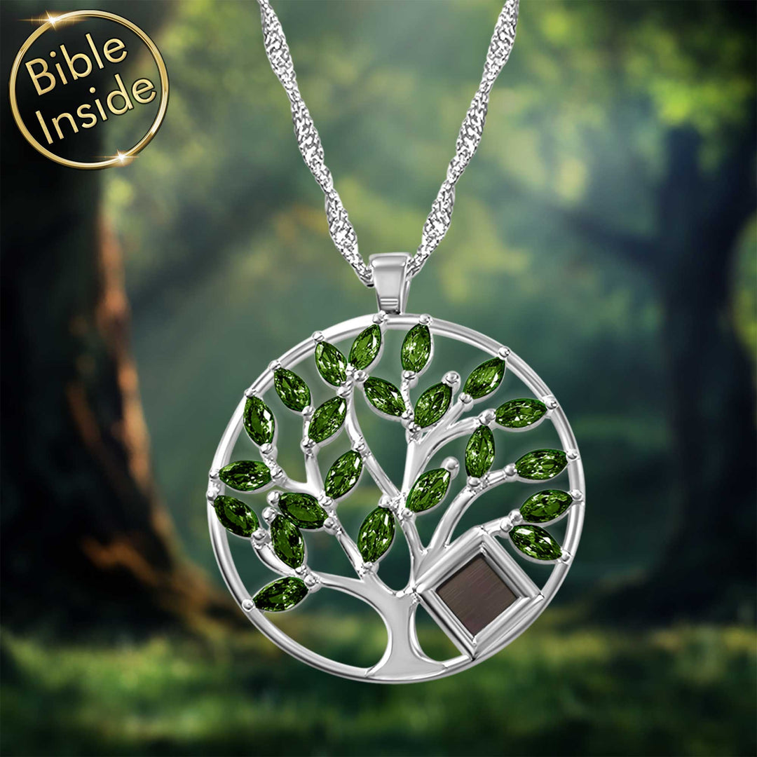 Valentine's present idea for her
silver Christian necklace with tree of life and nano Bible.