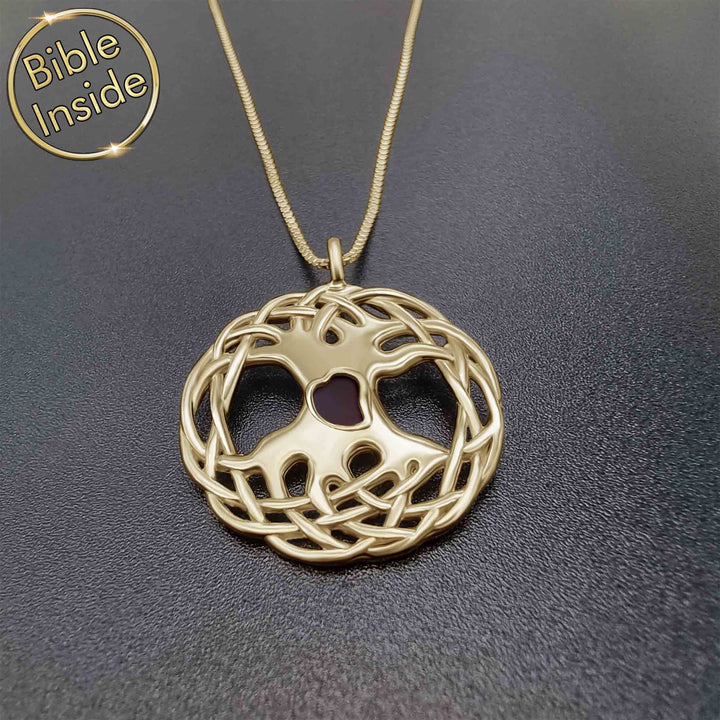 Valentine's day present idea for him – gold tree of life necklace with New Testament inside