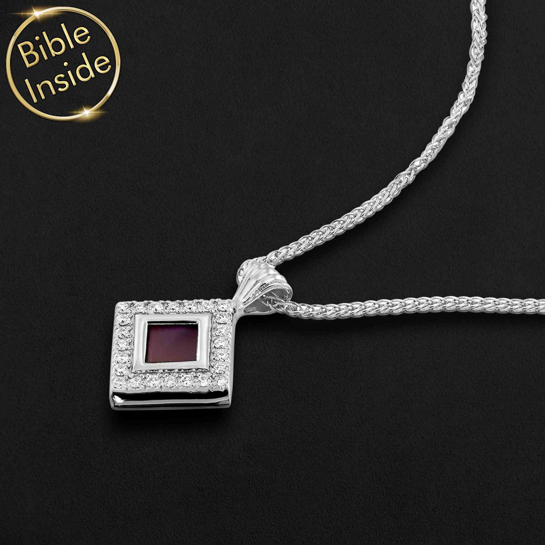 Sterling silver rhombus pendant with microchip Bible — valentine's day gift idea for teacher