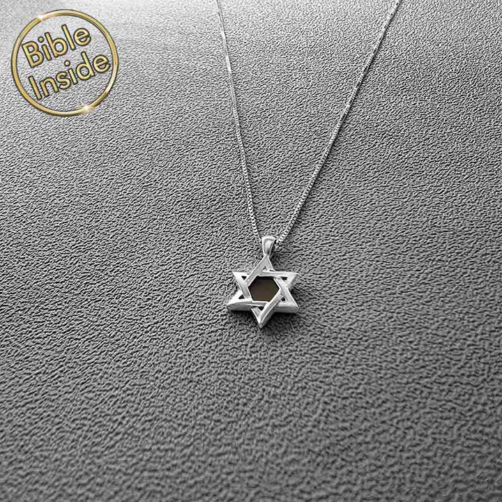 Modern Star of David necklace with micro Bible scripture inside