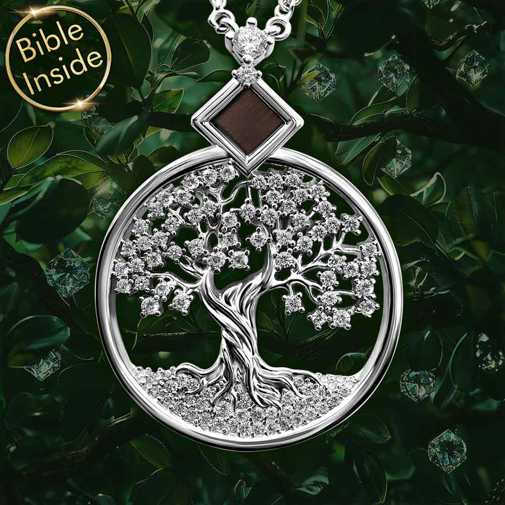 Sterling silver tree of life necklace featuring micro Bible technology