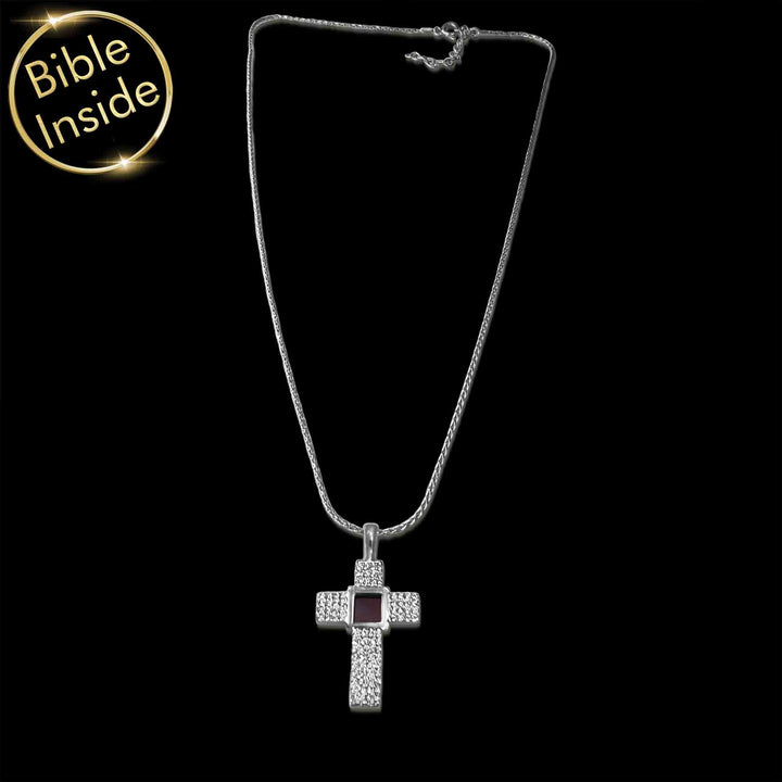 Unique cross necklace featuring miniature Bible and elegant pendant