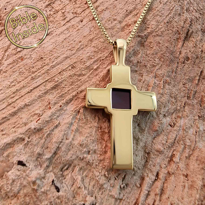Unique cross pendant with nano Bible chip in gold – Christian jewelry 
