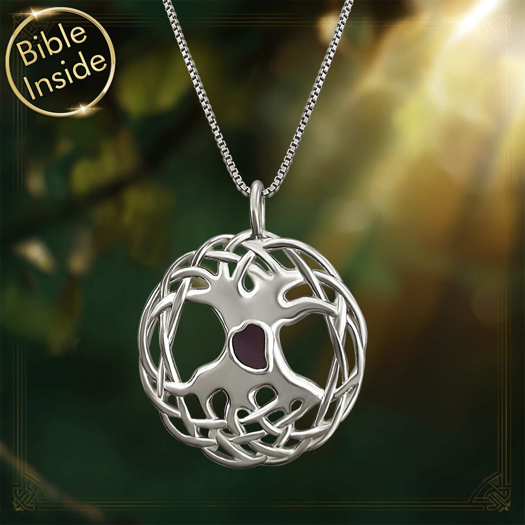 Valentine's day present idea for him – elegant tree of life necklace with New Testament chip