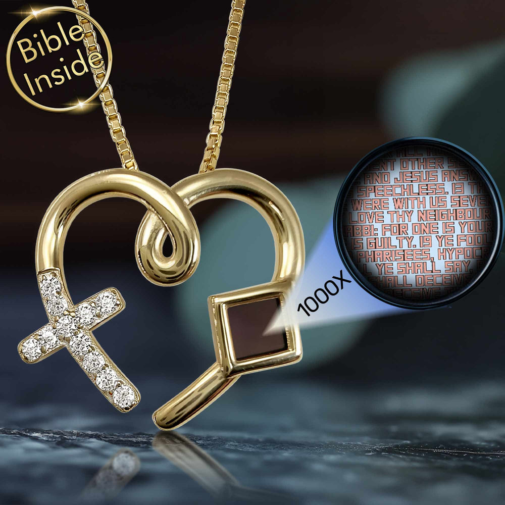 Gold love cross necklace with New Testament micro Bible, best gift ideas for Valentine's Day