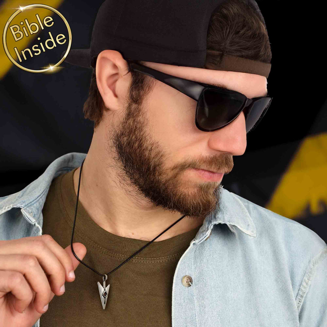 Idea for Valentine's day gift Christian arrow necklace with New Testament nano Bible