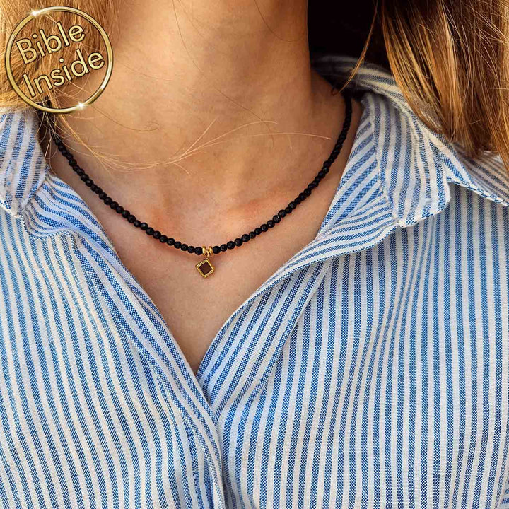 Best gift ideas for Valentine's Day – cute black onyx necklace with miniature Bible