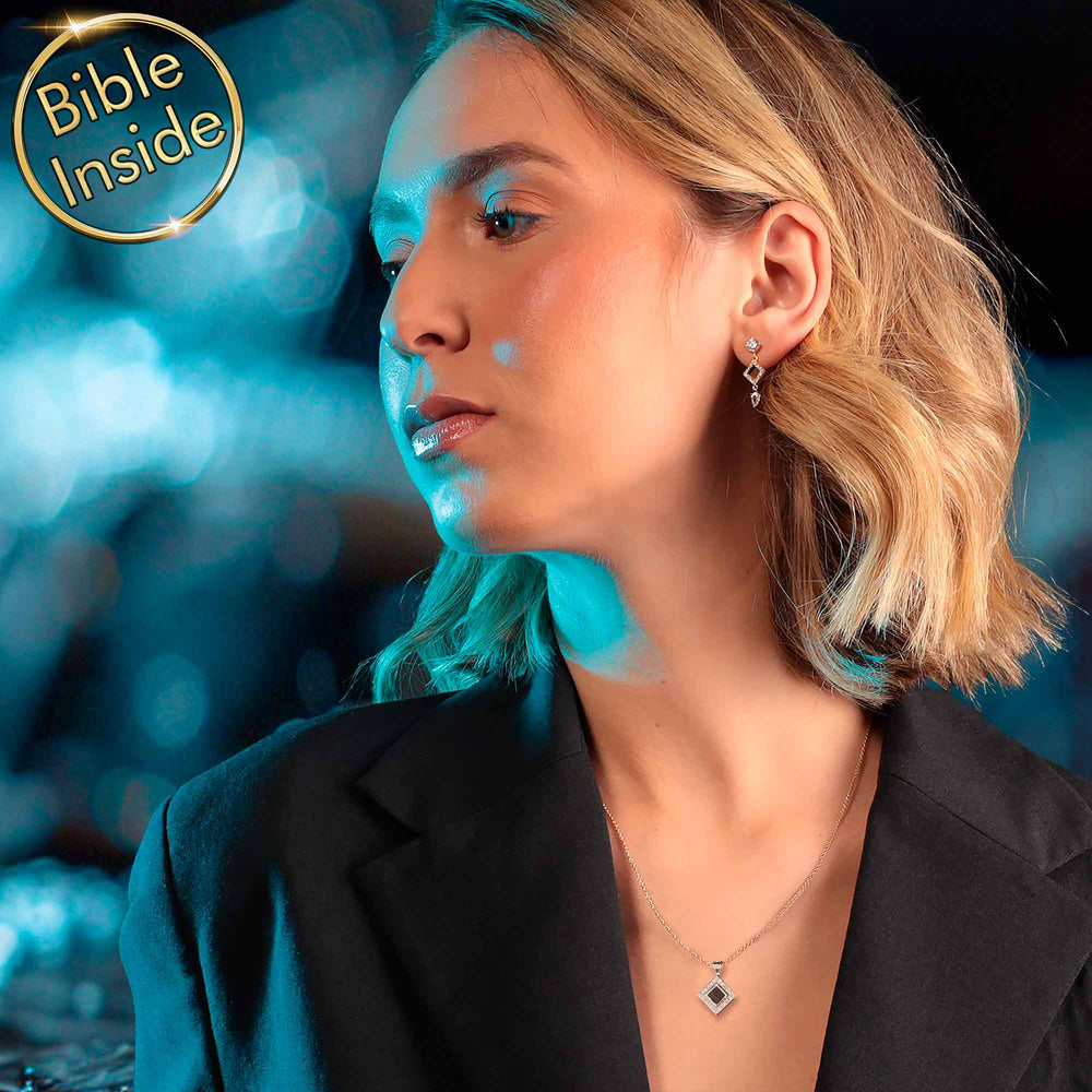 Silver valentines jewelry with CZ stones and scripture inside