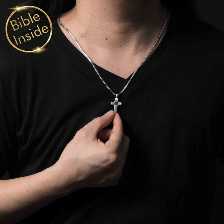 Silver valentine gift idea for boyfriend – men's biblical necklace with cross
