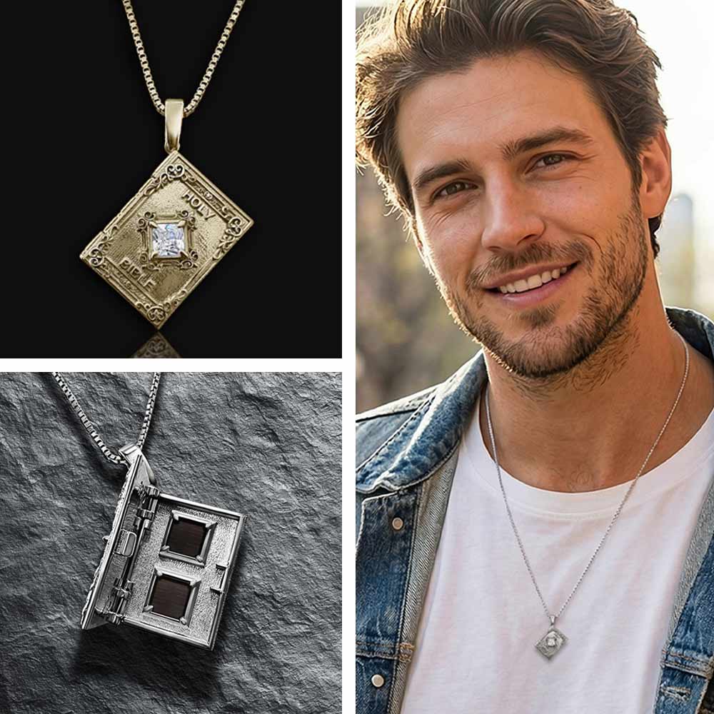 Valentine's day present for a guy — book necklace with nano Bible chip inside