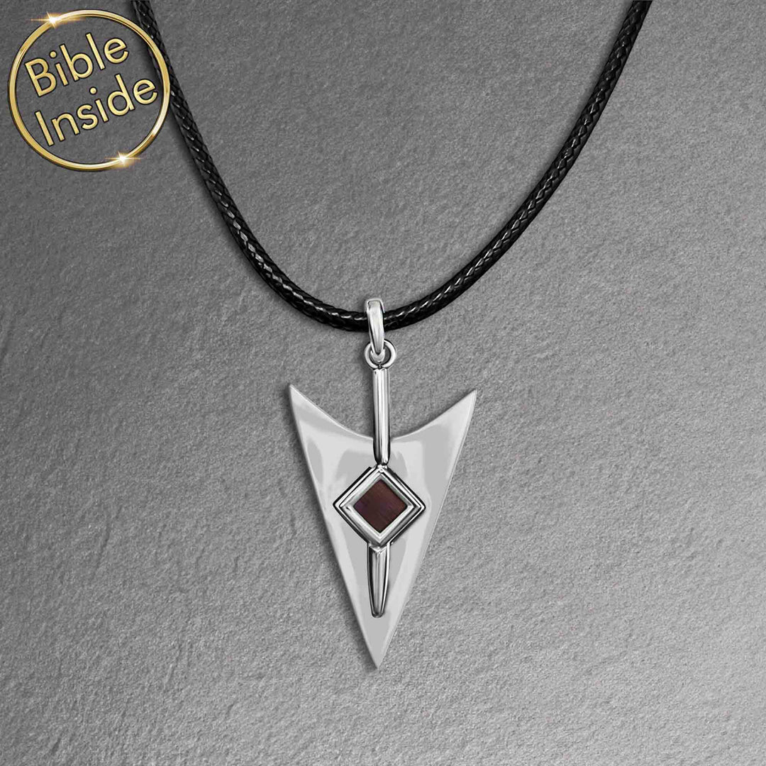 Valentine's day present idea for him — silver arrow pendant with miniature Bible inside