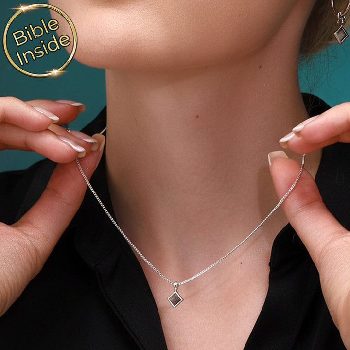 Unique valentine's day gift for her – rhombus necklace with micro Bible chip in silver