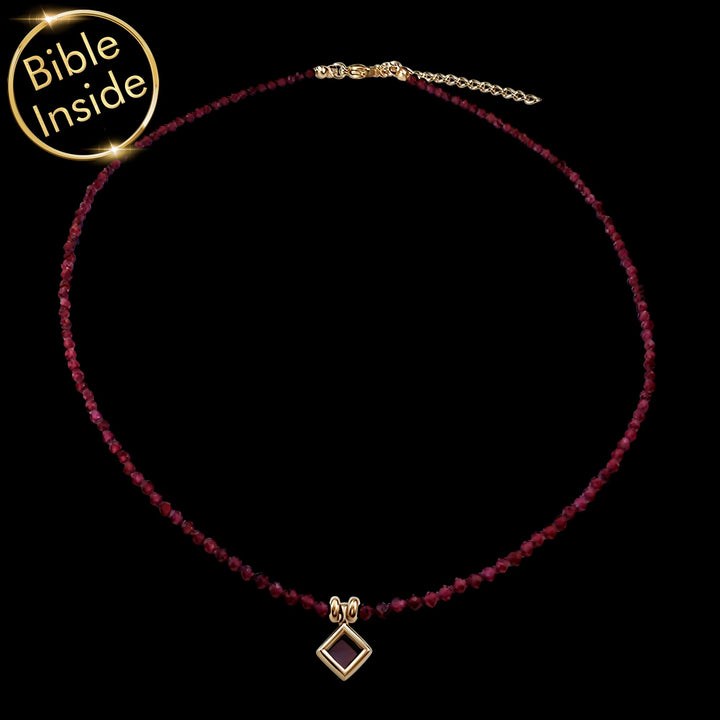 Rhombus Nano Bible necklace with garnet stone, chic Valentine's day gift for friend.