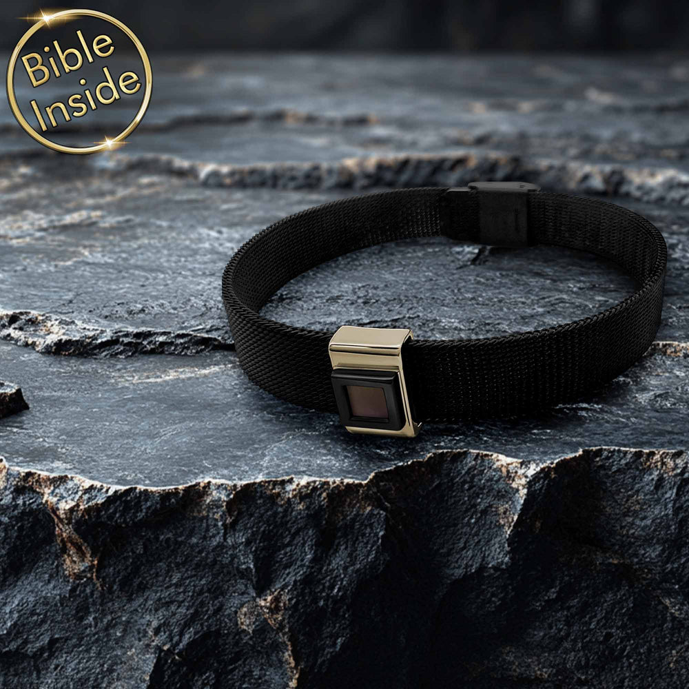 Mens black stainless steel bracelet with New Testament chip – valentines day gift