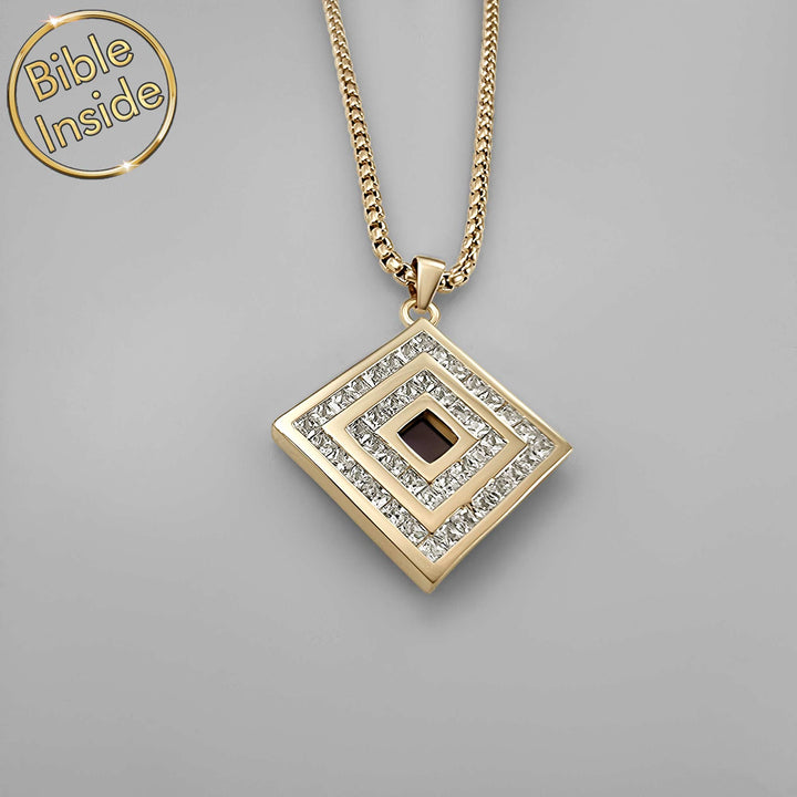 Gold rhombus necklace Valentine gift for me with high‑tech Bible inside