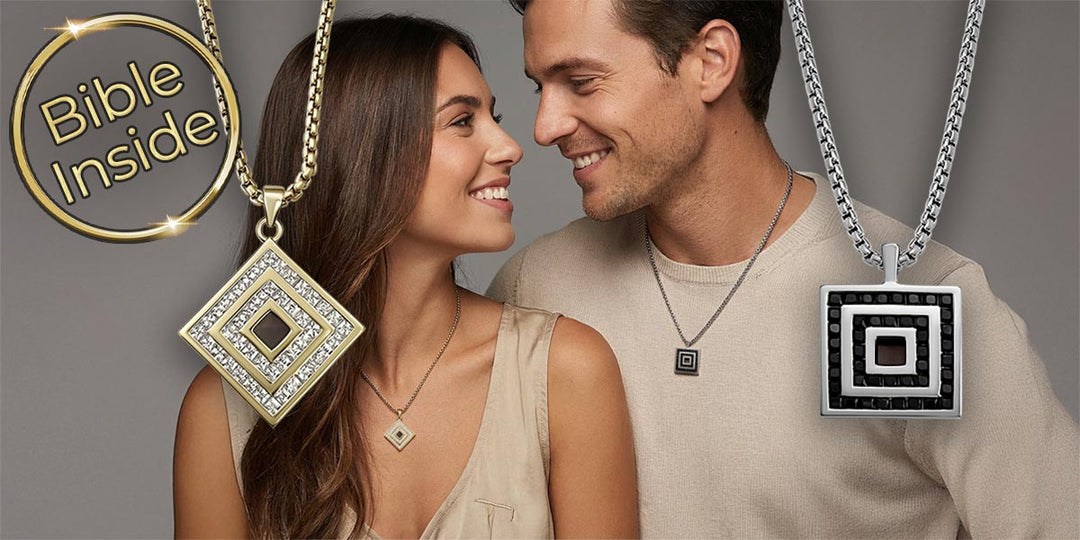 Silver and gold interlocking necklace — cute valentine's day idea for your boyfriend with micro Bible