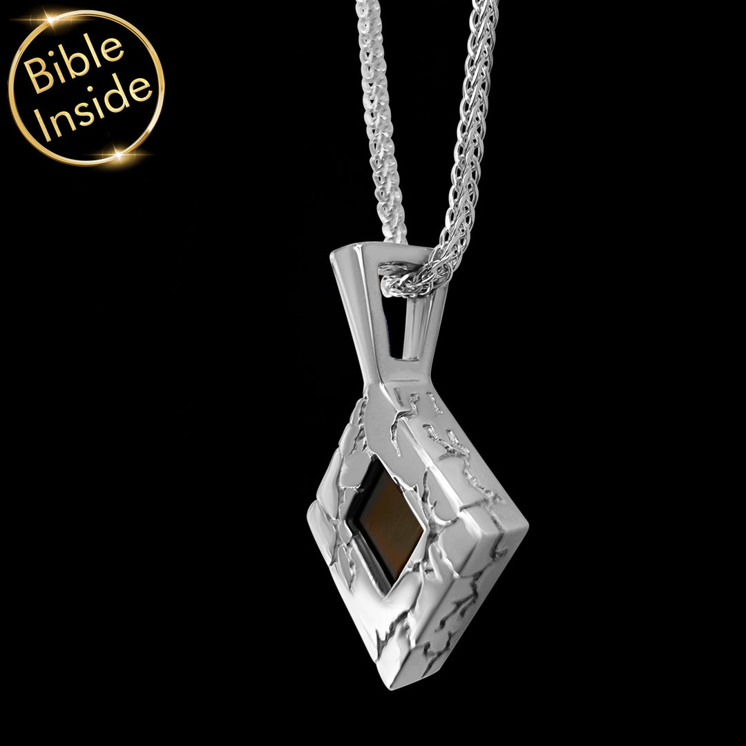 Valentine's day present idea for him – silver rhombus necklace with scripture inside
